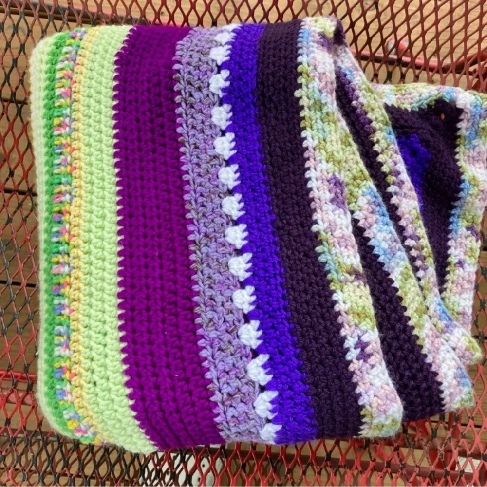 Small Handmade Crocheted Throw Blanket 54” x 52” Purple Green Yellow Pink